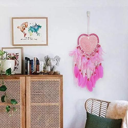 Skreened Christmas Lights，Fashion Handmade LED Light Dream Catcher with Feather Love Heart Dream Catcher Night Light Home Bedside Wall Hanging Home Party Wedding Decoration Gift (Pink)