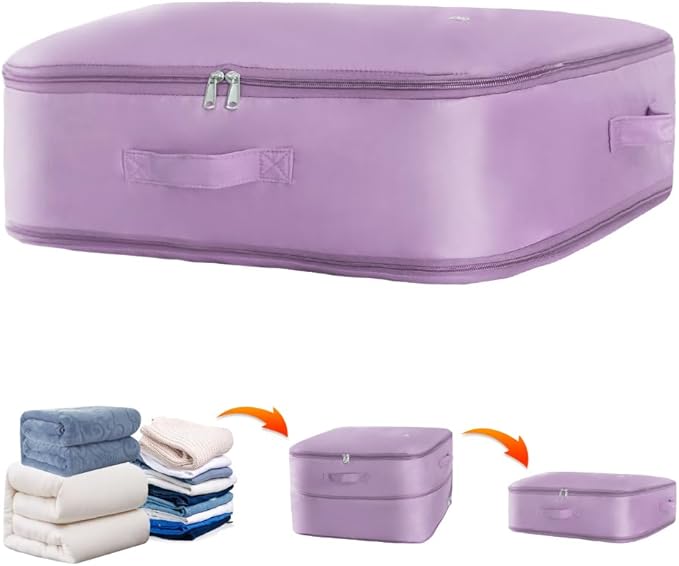 Space saver bag,for quilts, duvets or other fluffy clothing.Measures 21"L x 16.5"W x 11.2"H when unfolded and 21"L x 16.5"W x 4.8"H when compressed.Purple