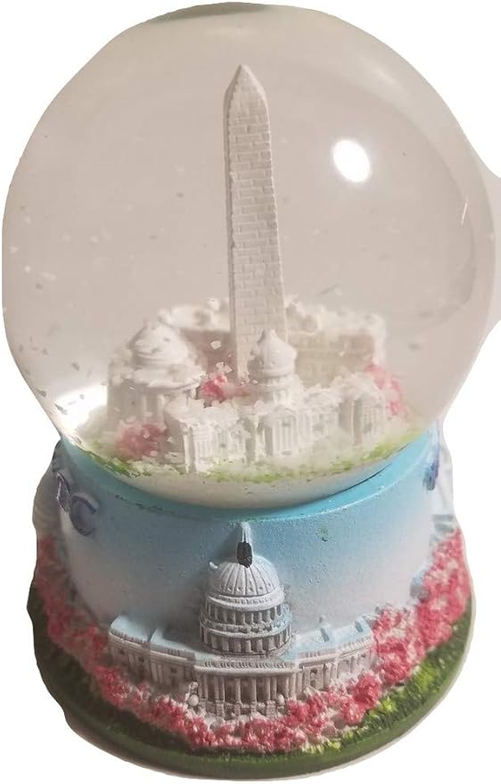 Cherry Blossom Themed Washington Monument, Jefferson Memorial, White House & U.S. Capitol Decorative Snow Globe - DC Souvenirs (Medium)