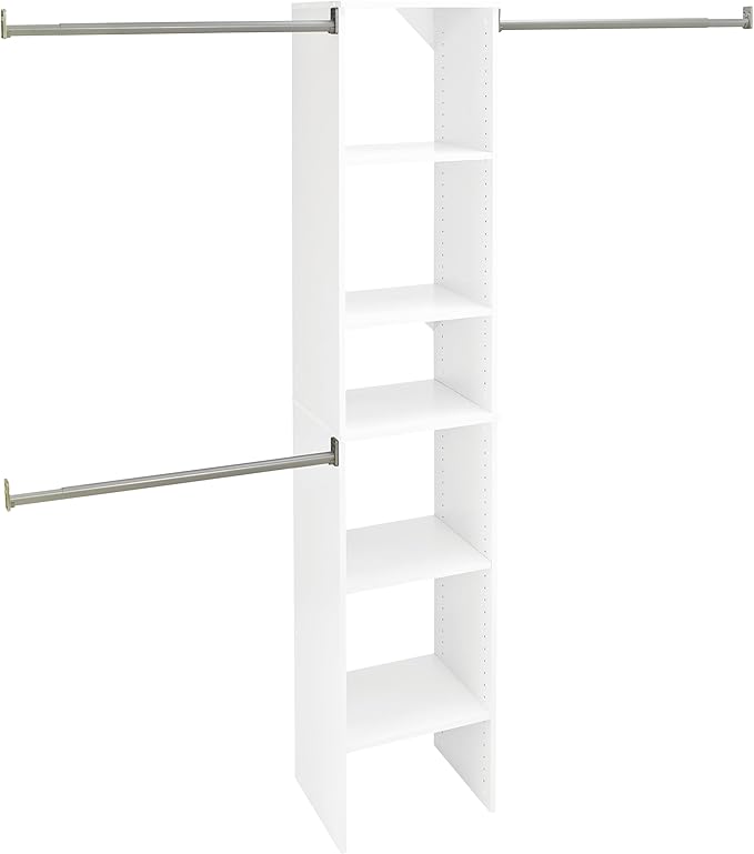ClosetMaid SuiteSymphony Small Closet Organizer Starter Kit with Tower and 3 Hang Rods, Shelves, Adjustable, Customizable Wardrobe Organizer System, Reach-In or Walk-In Closets, Pure White