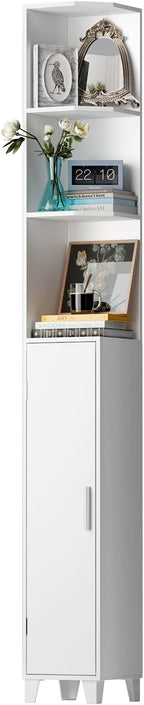 MOHOPE Corner Shelf with Cabinet, 74.8" Tall Corner Cabinet with Door, 5-Tier Narrow Bookshelf with Adjustable Shelves, Display Cabinets for Living Room, Bathroom, Dining Room, Small Space, White
