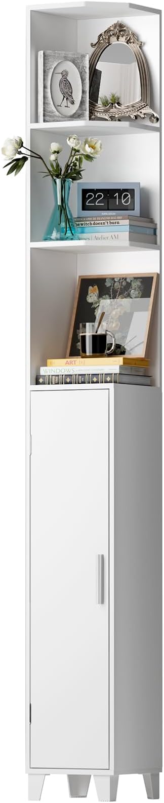 MOHOPE Corner Shelf with Cabinet, 74.8" Tall Corner Cabinet with Door, 5-Tier Narrow Bookshelf with Adjustable Shelves, Display Cabinets for Living Room, Bathroom, Dining Room, Small Space, White