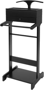Wooden Valet Stand for Men, Black Suit Valet Stand with Drawer, Suit Rack, Shoe Shelf, Valet Clothes Stand Clothing Rack Used in Entryway, Office, Living Room