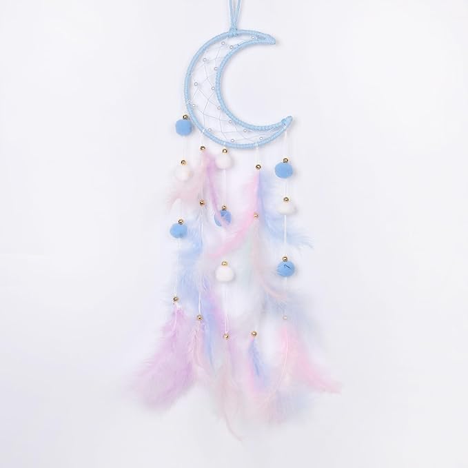 Pretty Jolly Blue Moon Kids Dream Catcher Wall Decor Pompom Feather Baby Dreamcatcher Handmade Children Dream Catcher Home Décor Wall Hanging for Nursery Bedroom Boys Girls Birthday Gift-25.6in