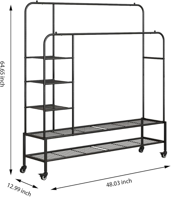 SUOERNUO Garment Rack for Hanging Clothes Rack Heavy Duty Portable with Bottom Metal Shelf Drying Coats Shirt,Black (Black+Double Rods+Shelf)