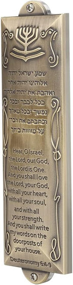 BRTAGG Mezuzah Case with Double Sided Tape, 5.5" Tall, English & Hebrew Scripture, Bronze, Easy Peel and Stick Mezuzah Cover Jewish Gifts (for 4 Inches Scroll)