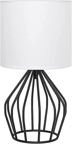 HAITRAL Modern Bedside Table Lamp - Minimalist Small Lamp with Hollowed Out Base Linen Fabric Shade,Metal Nightstand Lamp for Bedroom Living Room Side Table Desk Kids Room- Black/White