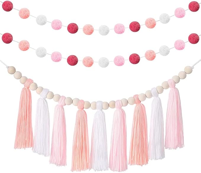 3PCS/Set Boho Tassel Garland,BetterJonny Boho Tassel Garland Wall Hanging Decor Pastel Banner with Wood Beads and 2Pcs Pom Pom Felt Ball for Home and Outdoor Decor