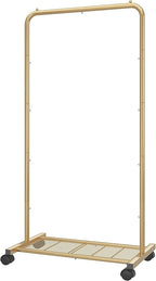 Simple Trending Standard Clothes Garment Rack, Clothing Rolling Rack with Mesh Storage Shelf on Wheels, Golden Yellow