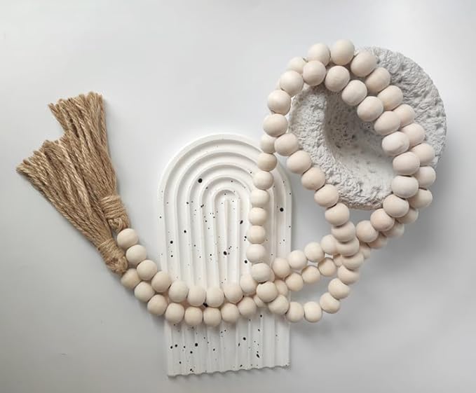 Boho Decor Wood Beads Garland Farmhouse Wall Hanging Decorations Natural Wooden Bead Tassel Decorative for Coffee Table Christmas and Prayer (Nature, 58")