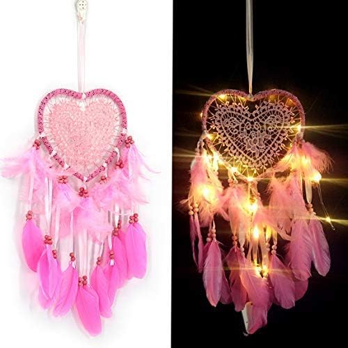 Skreened Christmas Lights，Fashion Handmade LED Light Dream Catcher with Feather Love Heart Dream Catcher Night Light Home Bedside Wall Hanging Home Party Wedding Decoration Gift (Pink)