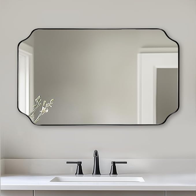 ANDY STAR Matte Black Mirror 24x40 Inch, Scalloped Mirror for Bathroom, Unique Rectangular Bathroom Mirror in Premium Stainless Steel Metal Frame 1’’ Deep, Hangs Vertically/Horizontally