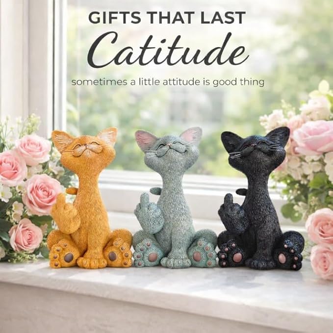 Catitude - Whimsical Cat Raising Middle Finger Figurine - Hilarious Get Ready for Laughs - Stress Relief - Gifts for Cat Lovers,