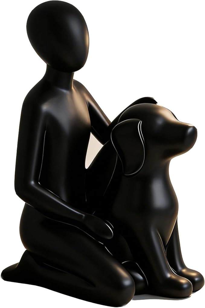 Dog Statue Home Decor, Man with Dog Sculpture for Desk Office Living Room, Hand-Painted Resin Figurine - Memory Gift for Pet Lovers, Dog Dad, Christmas & Housewarming (Black)
