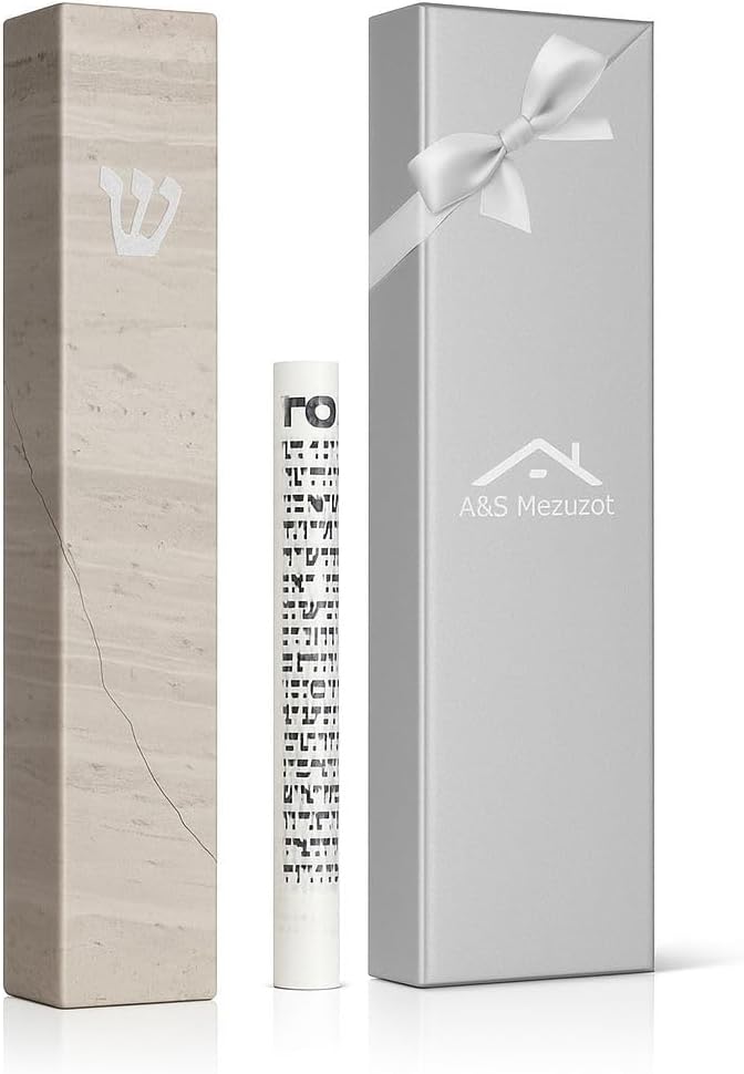 A&S Mezuzot Quartz Mezuzah Case with Engraved Shin Design Easy Peel and Stick Judaica Door Mezuza (Grey Terrazzo, 6 Inches)
