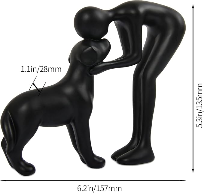Abstract Resin Hand-Painted Sculpture of Person and Dog Bonding – Head-to-Head Intimate Figurine Decoration for Office、Living Room、Bedroom、Home， Memory Gifts for Pet Lovers (Black)