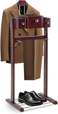Suit Valet Stands with Hanger, Pant Hanger and Metal Shoe Rack Wood Modern Standing Hanger with Storage Organizer Clothing Rack for Entryway, Bedroom, Office Suit Stand(Standing Dark Brown)