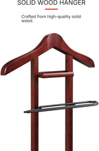 Wooden Suit Valet Stand with Contour Hanger Trouser Bar and Accessory Tray Elegant Wardrobe Organizer for Men Bedroom Closet and Office Mahogany Finish
