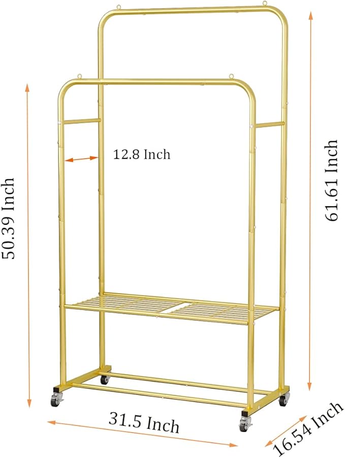 SUOERNUO Clothes Rack with Wheels Garment Rack for Hanging Heavy-Duty Clothing Rack Metal Rolling Clothes Shelves for Bedroom, Closet (Golden)