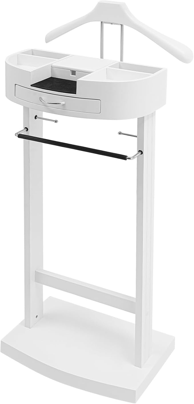 Valet Stand for Man and Women, Wood Suit Rack Suit Valet Stand with Top Tray, Storage Drawer, Bottom Shoe Rack, Freestanding Clothes Rack for Living Room, Bedroom, Office, Black (White2)