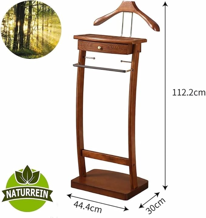 Suit Valet Stand with Tray, Wood Valet Stand for Men, Floor Standing Clothes Valet Stand, Valet Stand for Office Living Room Bed Room 44.4X30X112.2CM (Black)