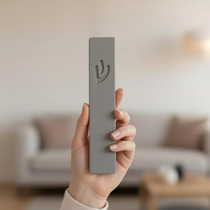 SURI Mezuzah for Door – 6 Inch Light Gray Concrete Mezuzah Case with Printed Scroll, Self-Stick Jewish Entry Design, Fits a 5 Inch Scroll, Gift Box Included