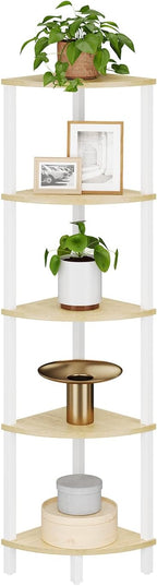 VIMBER Corner Shelf, 5-Tier Corner Bookshelf, Industrial Corner Ladder Shelf, Rustic Display Shelf for Living Room, Bedroom, Kitchen, Home Office, White and Nature Wood Color UJSJ001Q