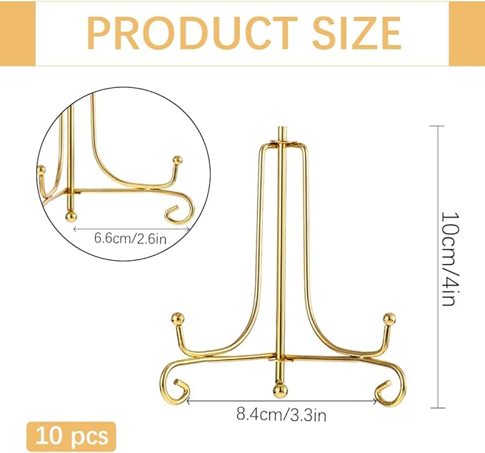 10 Pcs 4 Inch Metal Golden Display Stand, Metal Plate Stands Picture Stands for Display, Picture Holder Stand, Frame Stand