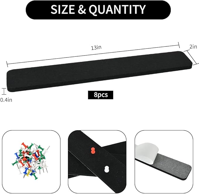 Vuzvuv 8 pcs Bulletin Board Bar Strips with 50 Pushpins & 10 Wooden Clip pins，Self Adhesive Cork Board for Wall，Felt Pin Board for School，Office Decor(Black)