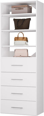 ROOMTEC Modular Closet System, 19.5" 4 Drawer Shelf Closet Tower Wall-Mounted Closet Organizer, Wooden Tower for Walk-In Closets, Wardrobe Storage Kit, White