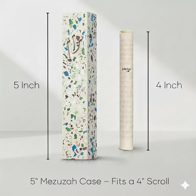 SURI Mezuzah with Printed Scroll for Door – 5 Inch Terrazzo Cream and Turquoise Mezuzah Case, Self-Stick Modern Mezuza Cover, Fits a 4 Inch Scroll, Gift Box Included
