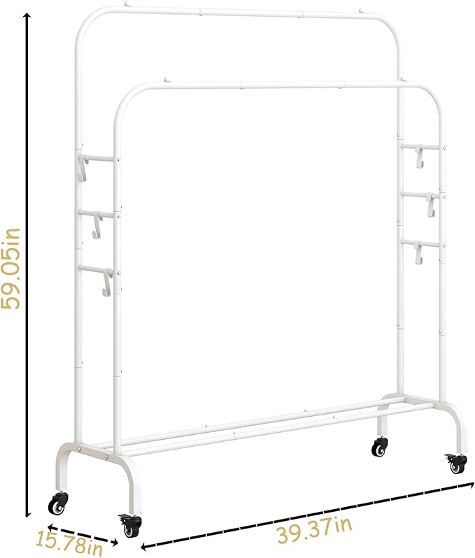 SUOERNUO Garment Rack with Wheels Clothing Rack for Hanging Clothes Multi-functional Bedroom Clothes Rack，White+Double Rods