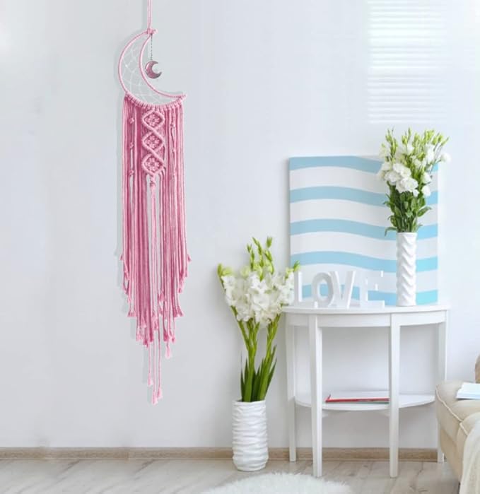 Dream Catchers Pink Dream Catcher for Girls Bedroom Wall Decor for Women, Moon Dream Catcher with Light, Macrame Dreamcatcher Boho Room Decor for Teen Girls Birthday Gifts for Women Bedroom Decor
