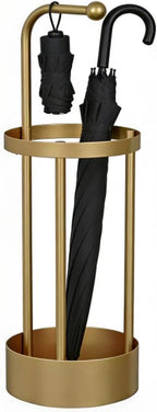 Golden Metal Umbrella Stand, 65cm Freestanding Umbrella Holder with Hooks, Round Base Umbrella Rack for Long & Foldable Umbrellas, Sturdy Iron Umbrella Organizer for Entryway, Home, Office, Hotel