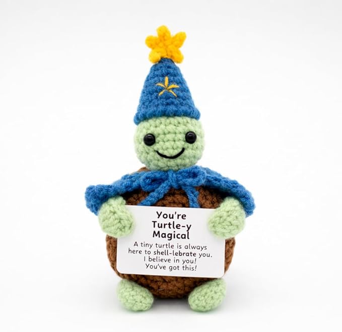 Handcrafted Crochet Witch Doll, Small 2.5x1.5x4 Inch Decorative Plush Figure, Yarn Material, Magical Theme, Inspirational Signs, for Ages 13+ (Turtle Wizard)