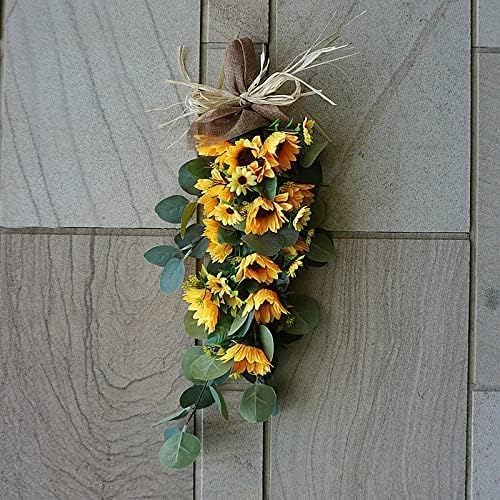 Spring Sunflower Swag, Sunflower Teardrop Swag with Eucalyptus Leaves Front Door Sunflower Swags Wreath for Wedding Arch Front Door Wall Decor