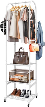 SUOERNUO Clothes Rack With Wheels and 3-Tier Metal Shelves,Clothing Rack For Hanging Clothes With 4 Hooks,Garment Rack Wardrobe Organizer for Small Space,Black (white, 16.54 * 18.23 * 72.05)