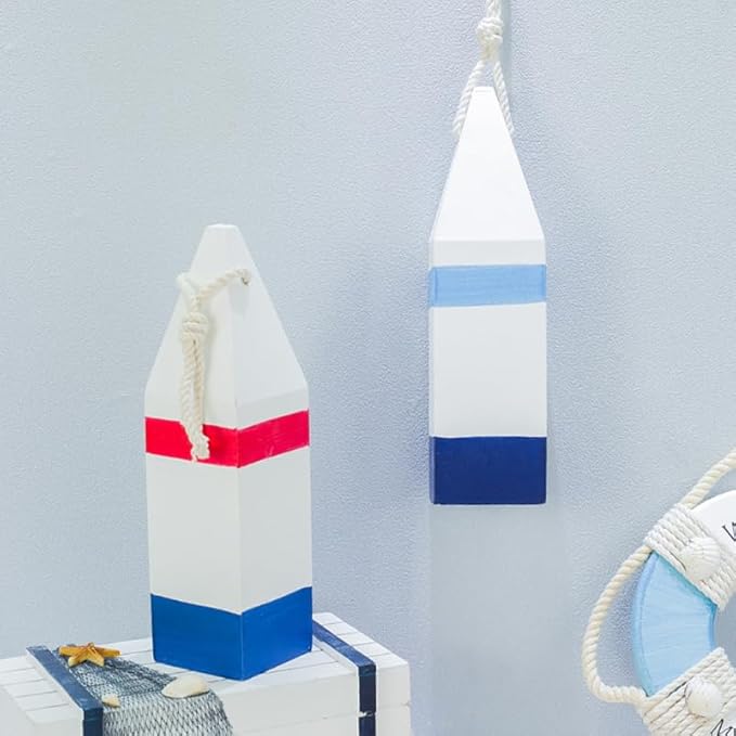 Mediterranean Buoy Ornaments 2 Pack Wooden Buoy Pendants Nautical Themed Wall Decor for Beach House Bedroom Bathroom Fishing Party Decoration 2.75X2.75X10.23In