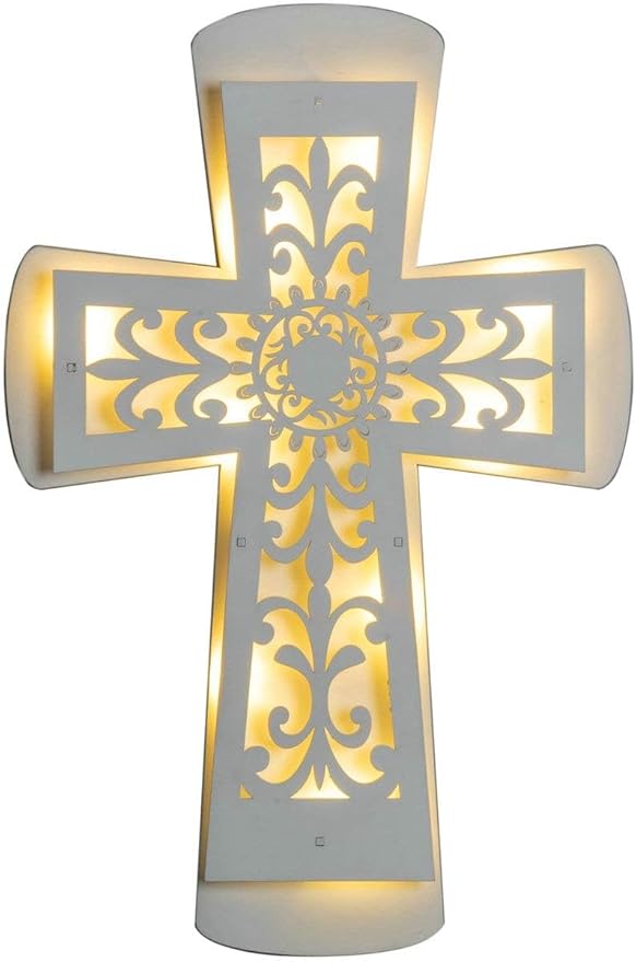 ADAVAS.Y&G Lighted Wall Cross with Fleur-de-lis cutout Design, White Wooden Cross for Wall Battery Operated 12" H