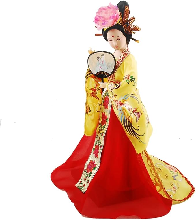 12 Inch Chinese Traditional Handicraft Silk Figurine Collectible Chinese Ancient Character Ornaments for Home Decoration(Yellow)