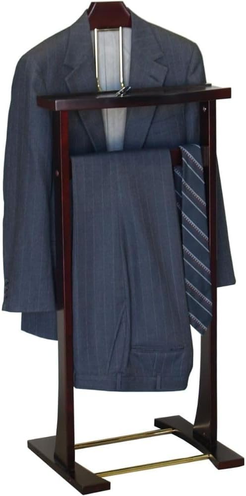 Wooden Suit Valet Stand with Top Tray Contour Hanger Trouser Bar and Shoe Rack Classic Freestanding Clothing Organizer for Bedroom Closet Entryway, Dark Mahogany