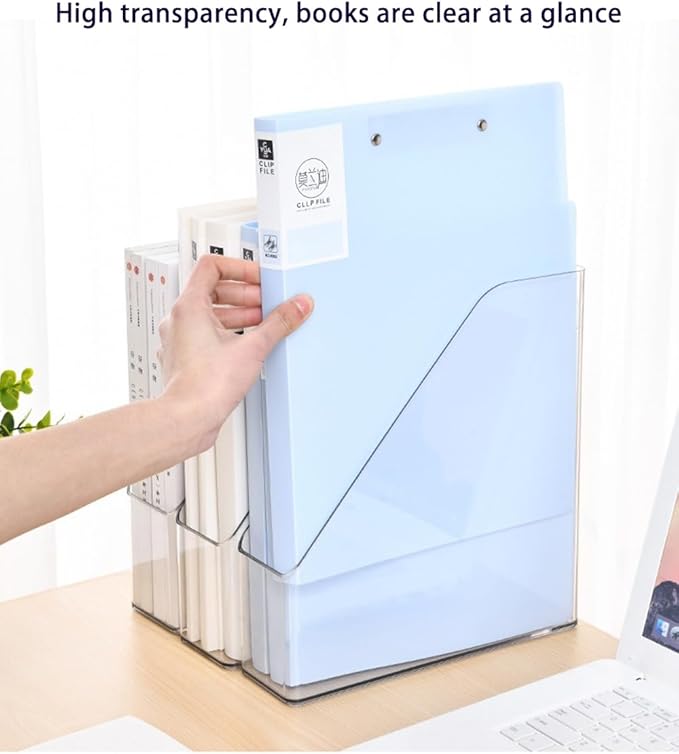 Acrylic Magazine Holder, 4 PCS File Magazine & Book Storage Rack for Office Desk, Clear Book Organizer with 3pcs Silicone Automatic Bookmarks (4)