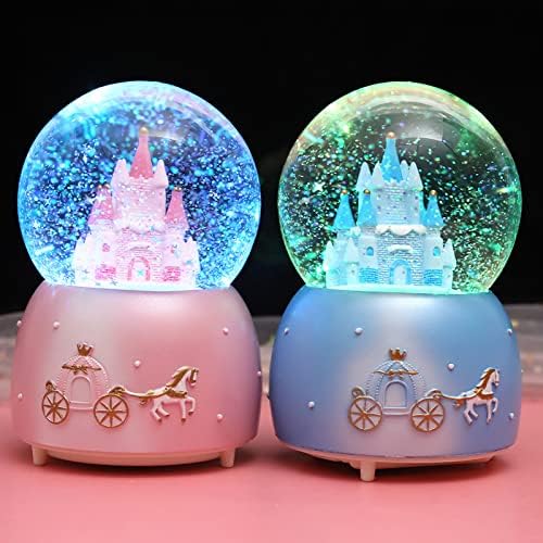 Castle Snow Globes Luminous Music Box Cartoon Christmas Snow House Automatic Spray Rotating Crystal Ball with Color Changing LED Lights for Home Decoration Birthday Gift