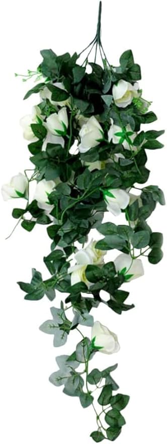 Lindagary Floral Teardrop Swag Artificial Rose Flower Swag Front Door Garland Fake Plant Ivy Branch for Wedding Home Wall Decoration - White