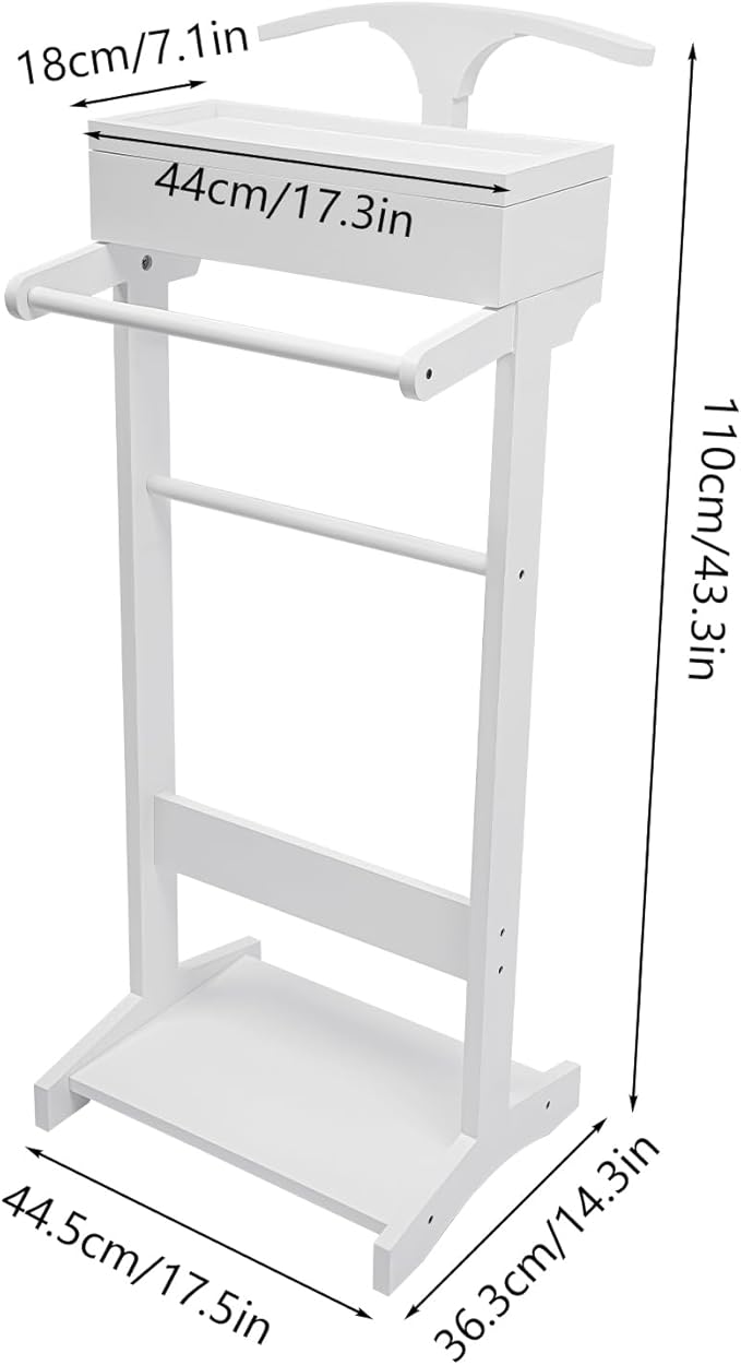 Suit Valet Stands for Women and Men Clothes Wood Valet Stand with Base Freestanding Clothing Organizer Valet Stand Contour Hanger Trouser Bar Belt Hooks for Office Living Room (White)