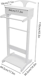 Suit Valet Stands for Women and Men Clothes Wood Valet Stand with Base Freestanding Clothing Organizer Valet Stand Contour Hanger Trouser Bar Belt Hooks for Office Living Room (White)