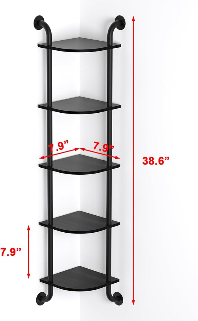 Tinpin Corner Shelf 5-Tier, Wall Shelves for Bedroom, Hanging Corner Shelves Wall Mount, Rustic Industrial Pipe Shelves for Bathroom Thanksgiving Day, Living Room Decor (Black)