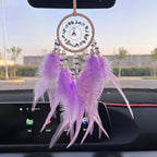 Mini Lotus Dream Catcher for Car Rearview Mirror, Handmade Boho Car Hanging Charm, Black Feather & Crystal Car Mirror Decor, Auto Interior Ornament for Women(Purple)