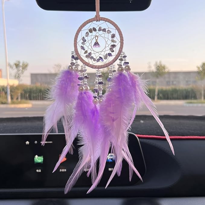 Mini Lotus Dream Catcher for Car Rearview Mirror, Handmade Boho Car Hanging Charm, Black Feather & Crystal Car Mirror Decor, Auto Interior Ornament for Women(Purple)