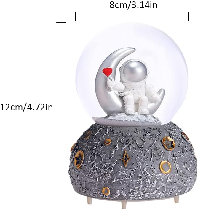 Astronaut Snow Globe Music Box, 80MM Musical Glitter Snow Globe with Color Changing LED Lights, Home Decor Birthday Gifts for Men Women Boys and Girls (Silver)